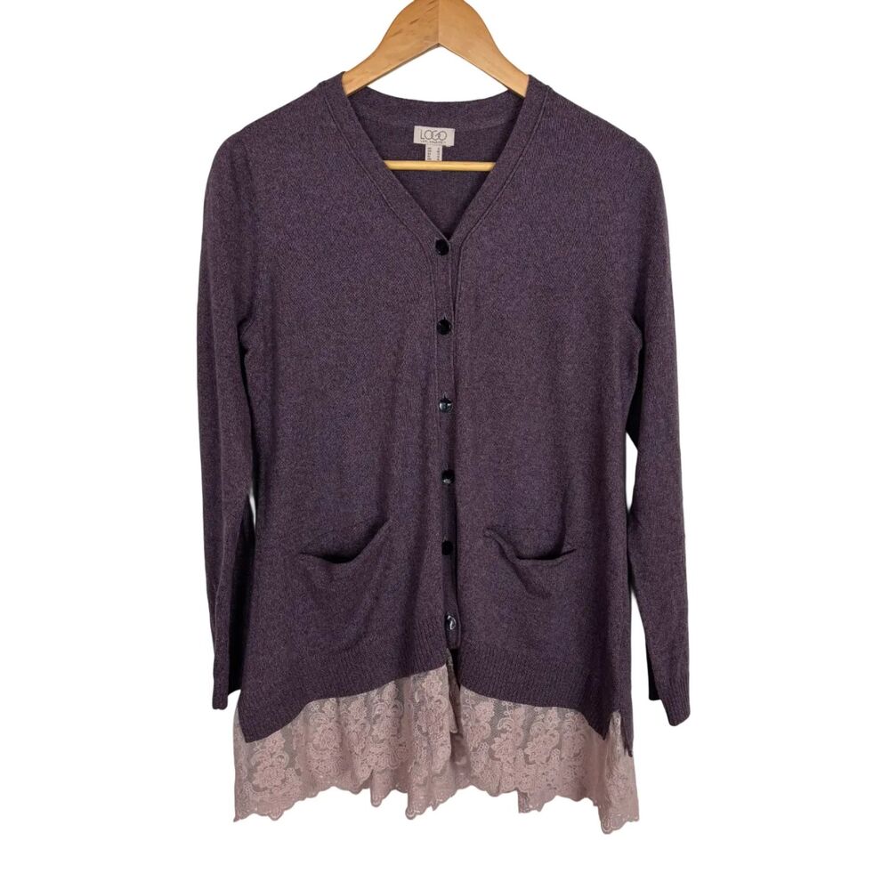 LOGO By Lori Goldstein Women's Sweater Small Button Front Knit Purple A285345